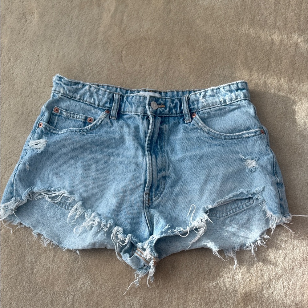 Zara Light Blue Distressed Denim Cutoff Shorts